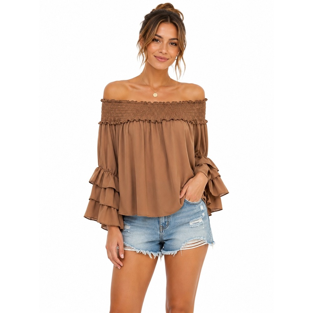 *NWT* Vine & Love Off Shoulder Blouse Women Size L Mocha Ruffle Sleeve Boho